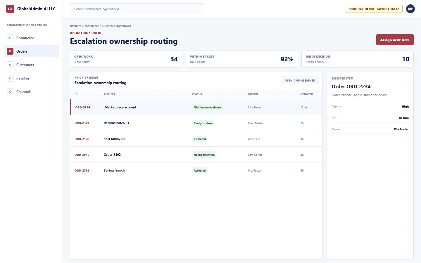 Representative Escalation ownership routing application for Retail & E-commerce, showing operations queue, sample operational data, accountable ownership, and a visible next action.