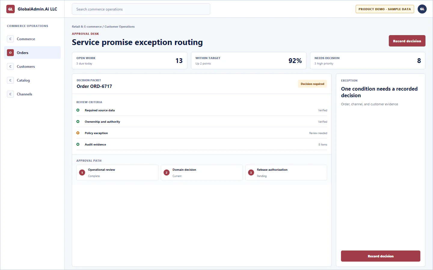 Representative Service promise exception routing application for Retail & E-commerce, showing approval desk, sample operational data, accountable ownership, and a visible next action.