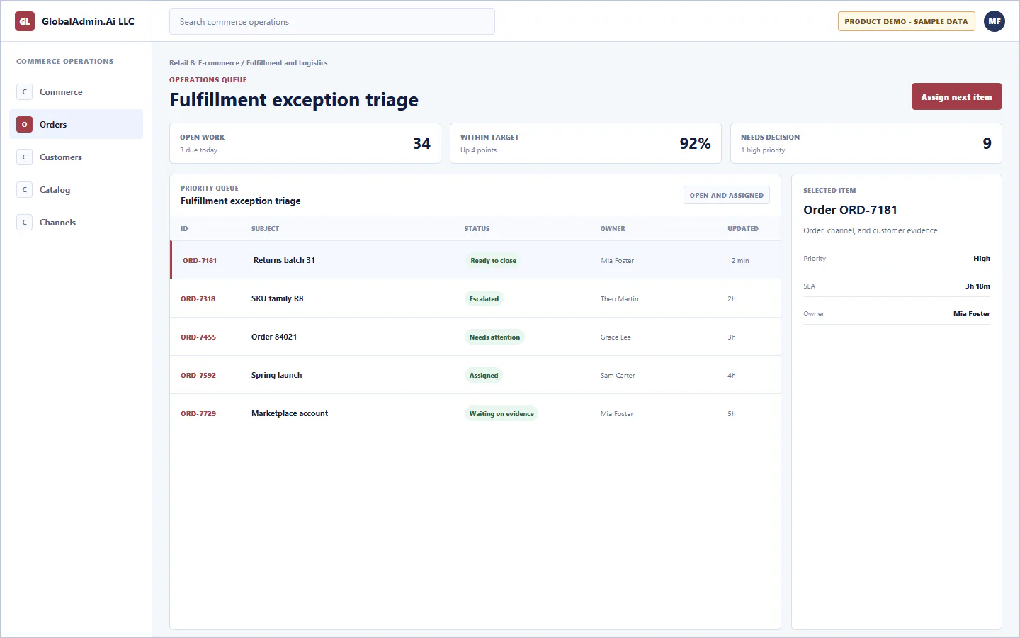 Representative Fulfillment exception triage application for Retail & E-commerce, showing operations queue, sample operational data, accountable ownership, and a visible next action.