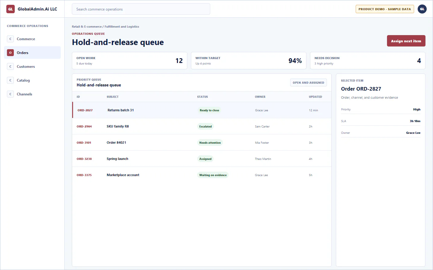 Representative Hold-and-release queue application for Retail & E-commerce, showing operations queue, sample operational data, accountable ownership, and a visible next action.