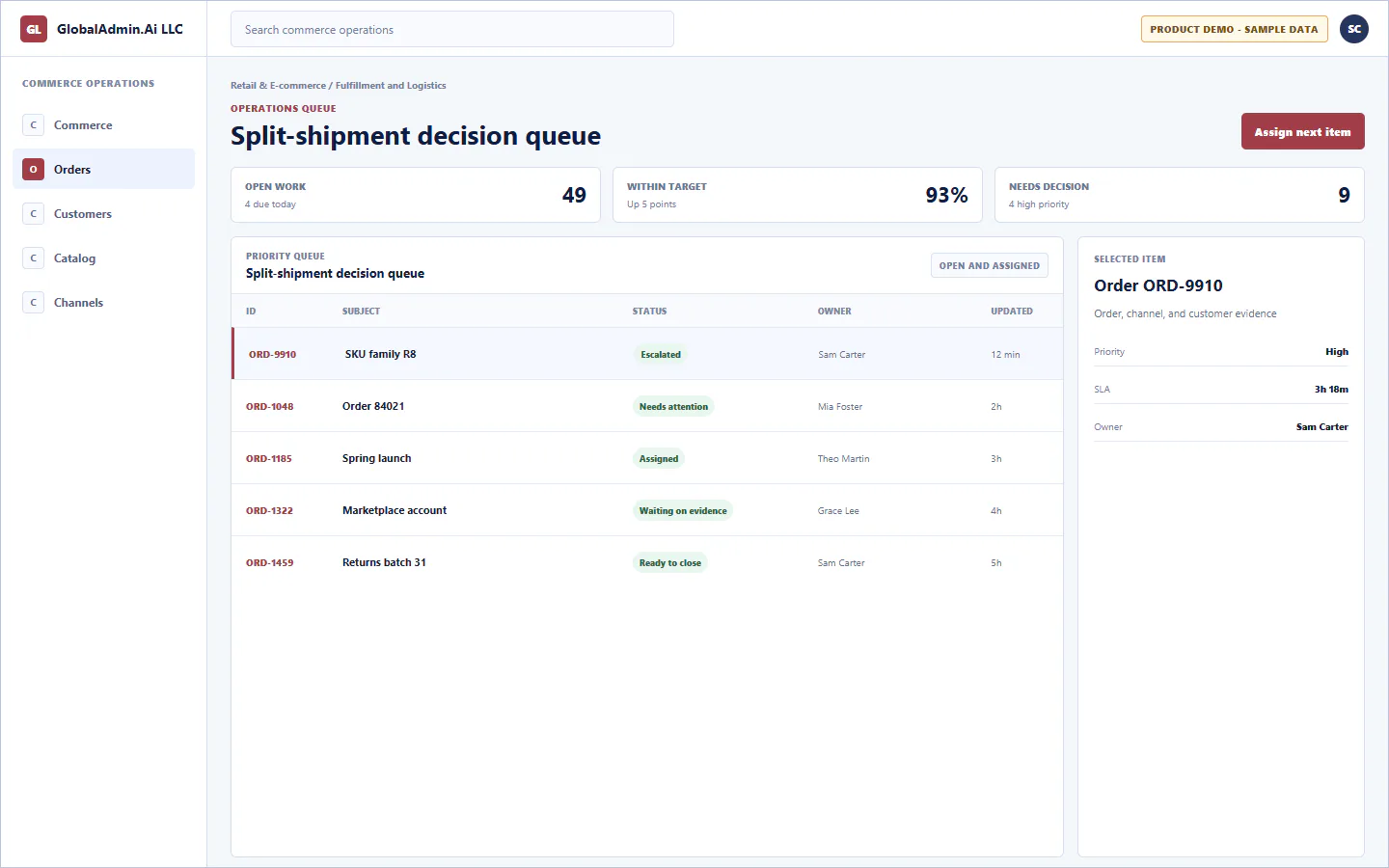 Representative Split-shipment decision queue application for Retail & E-commerce, showing operations queue, sample operational data, accountable ownership, and a visible next action.