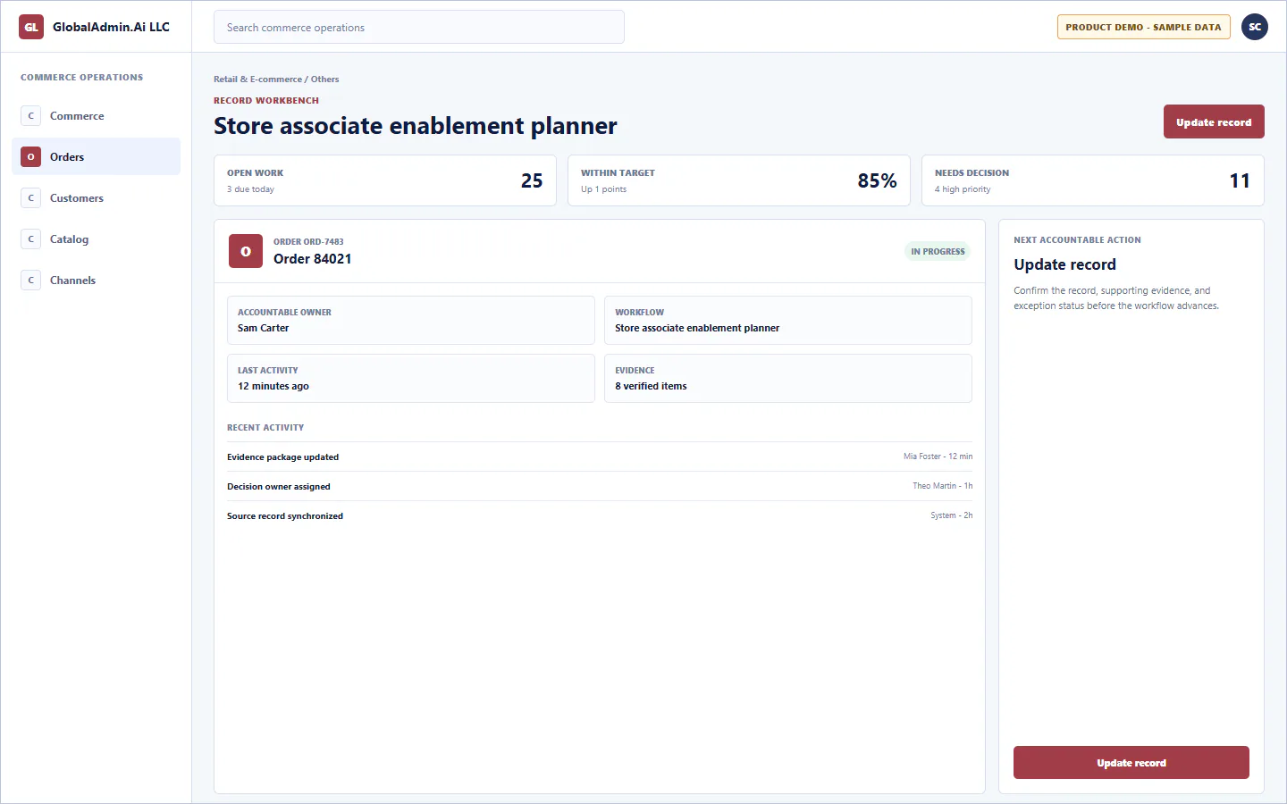 Representative Store associate enablement planner application for Retail & E-commerce, showing record workbench, sample operational data, accountable ownership, and a visible next action.
