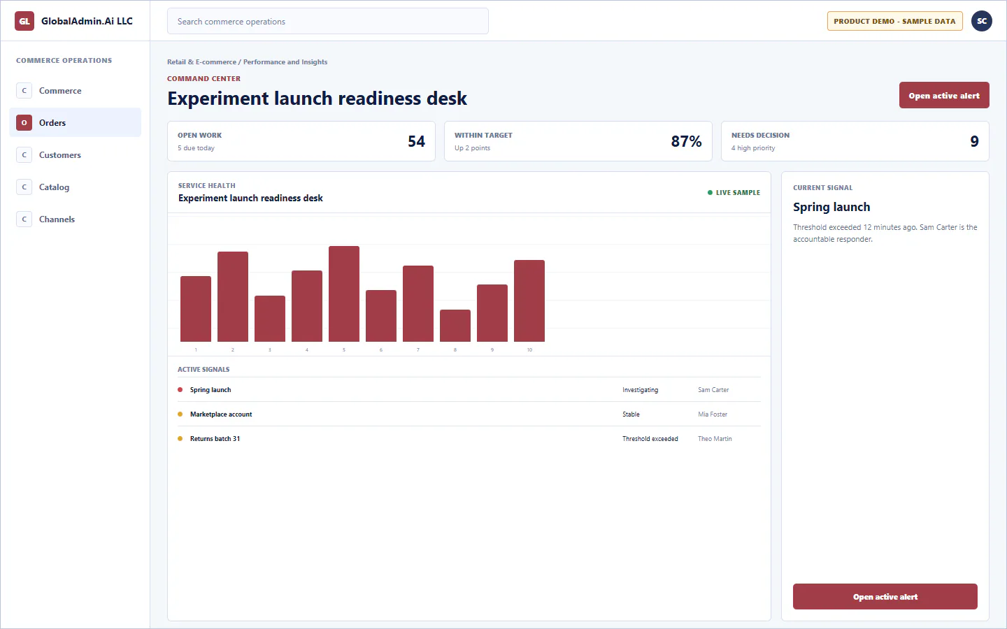 Representative Experiment launch readiness desk application for Retail & E-commerce, showing command center, sample operational data, accountable ownership, and a visible next action.