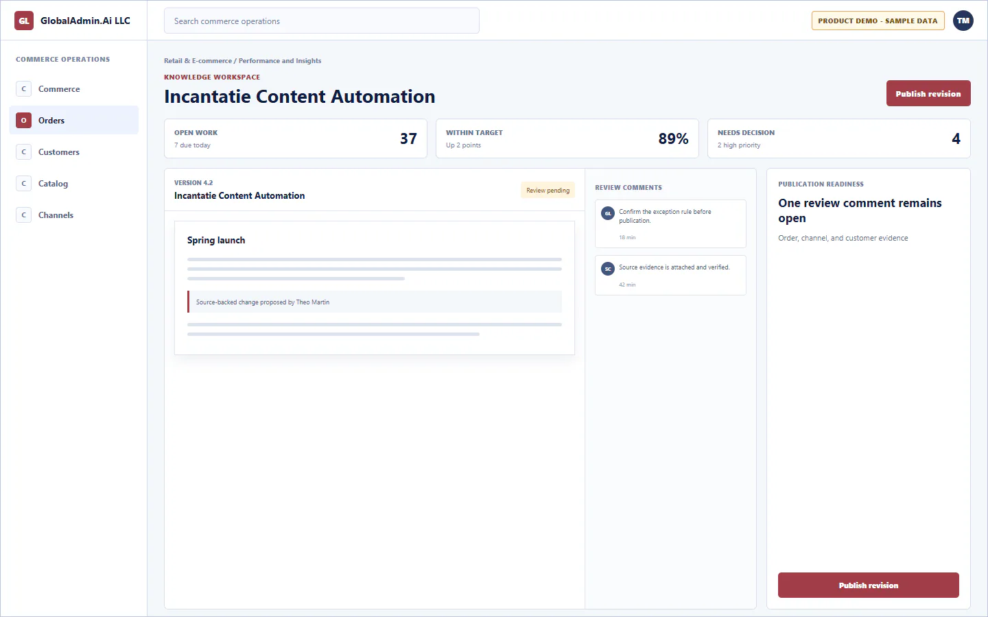Representative Incantatie Content Automation application for Retail & E-commerce, showing knowledge workspace, sample operational data, accountable ownership, and a visible next action.