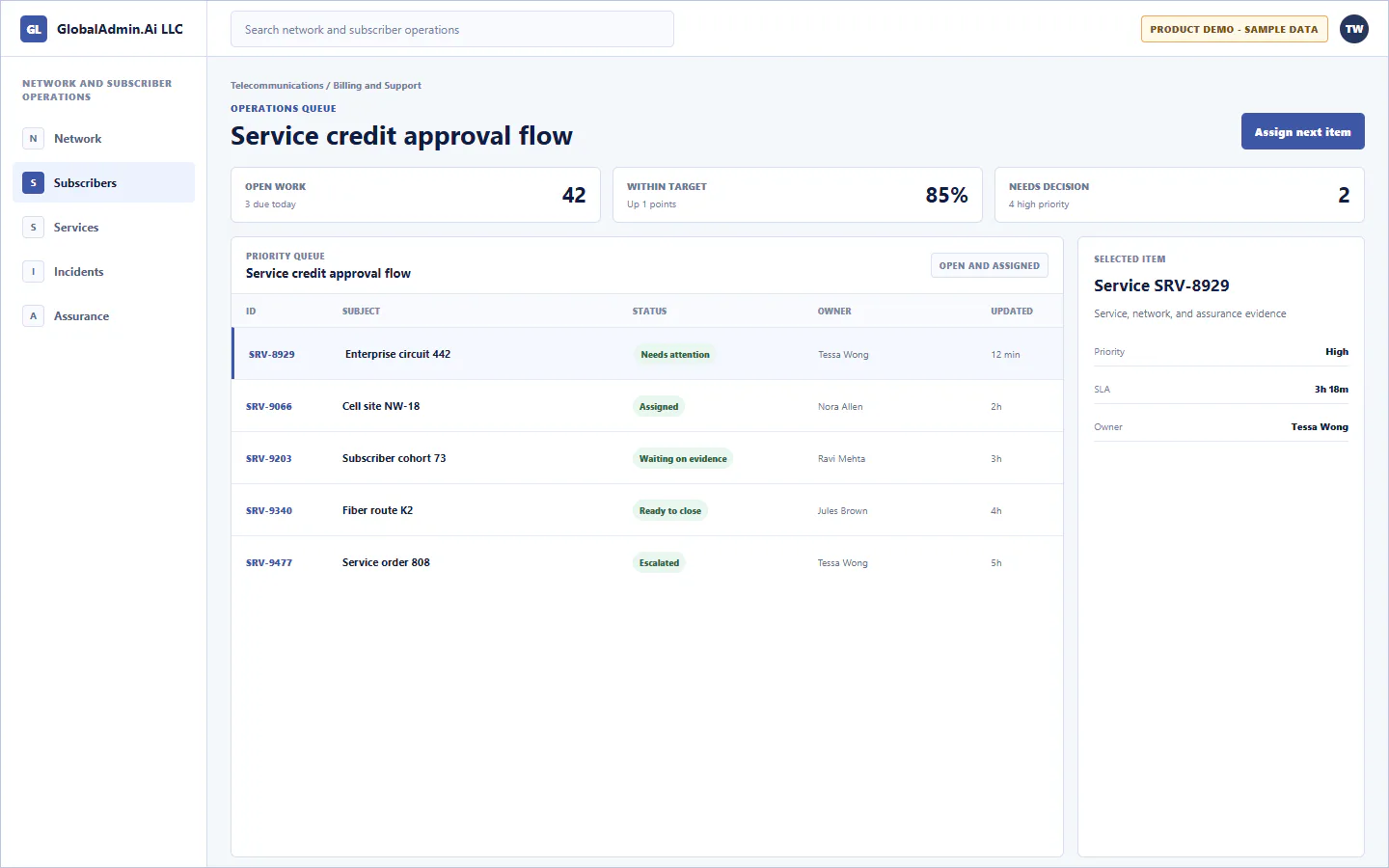 Representative Service credit approval flow application for Telecommunications, showing operations queue, sample operational data, accountable ownership, and a visible next action.