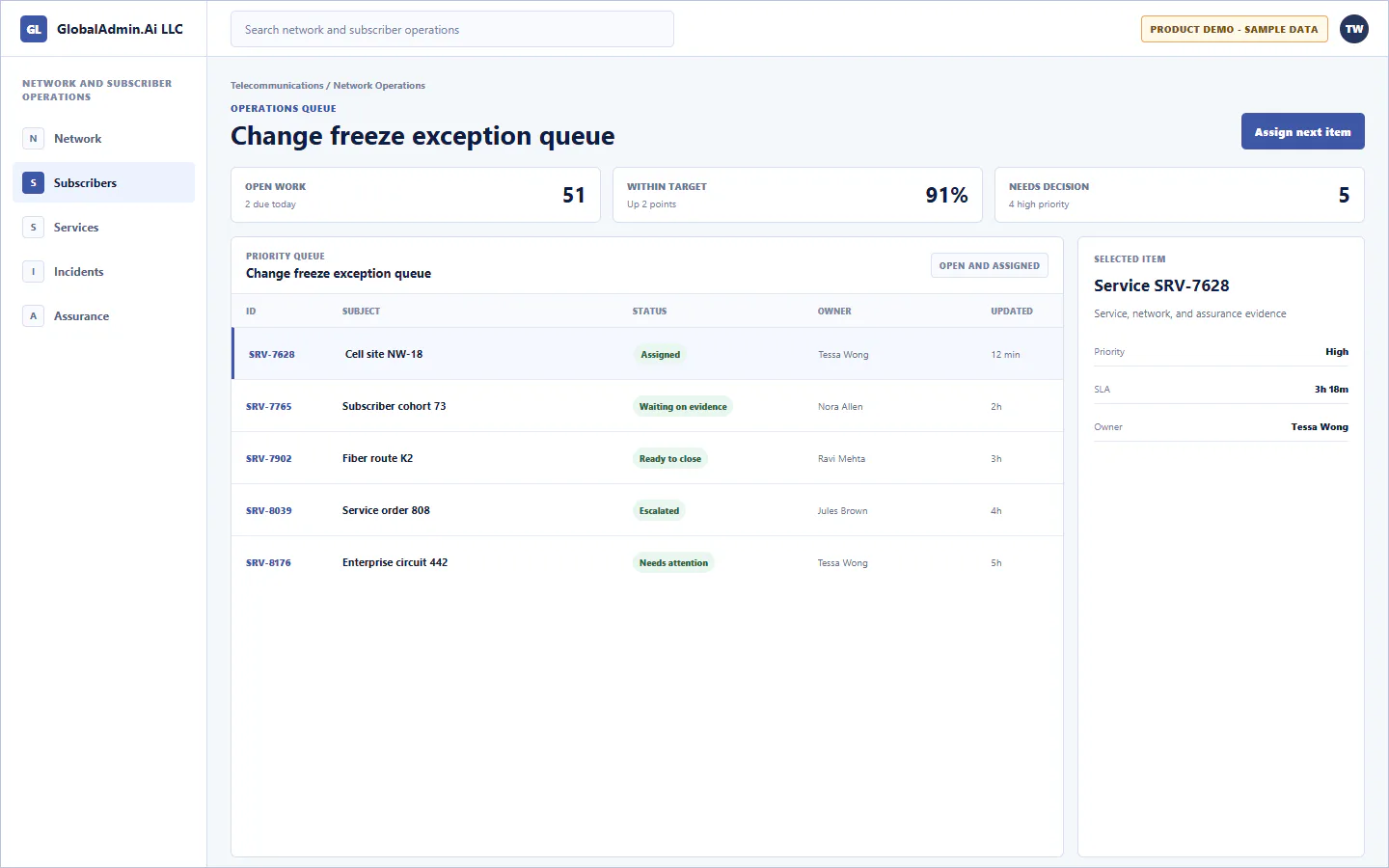 Representative Change freeze exception queue application for Telecommunications, showing operations queue, sample operational data, accountable ownership, and a visible next action.