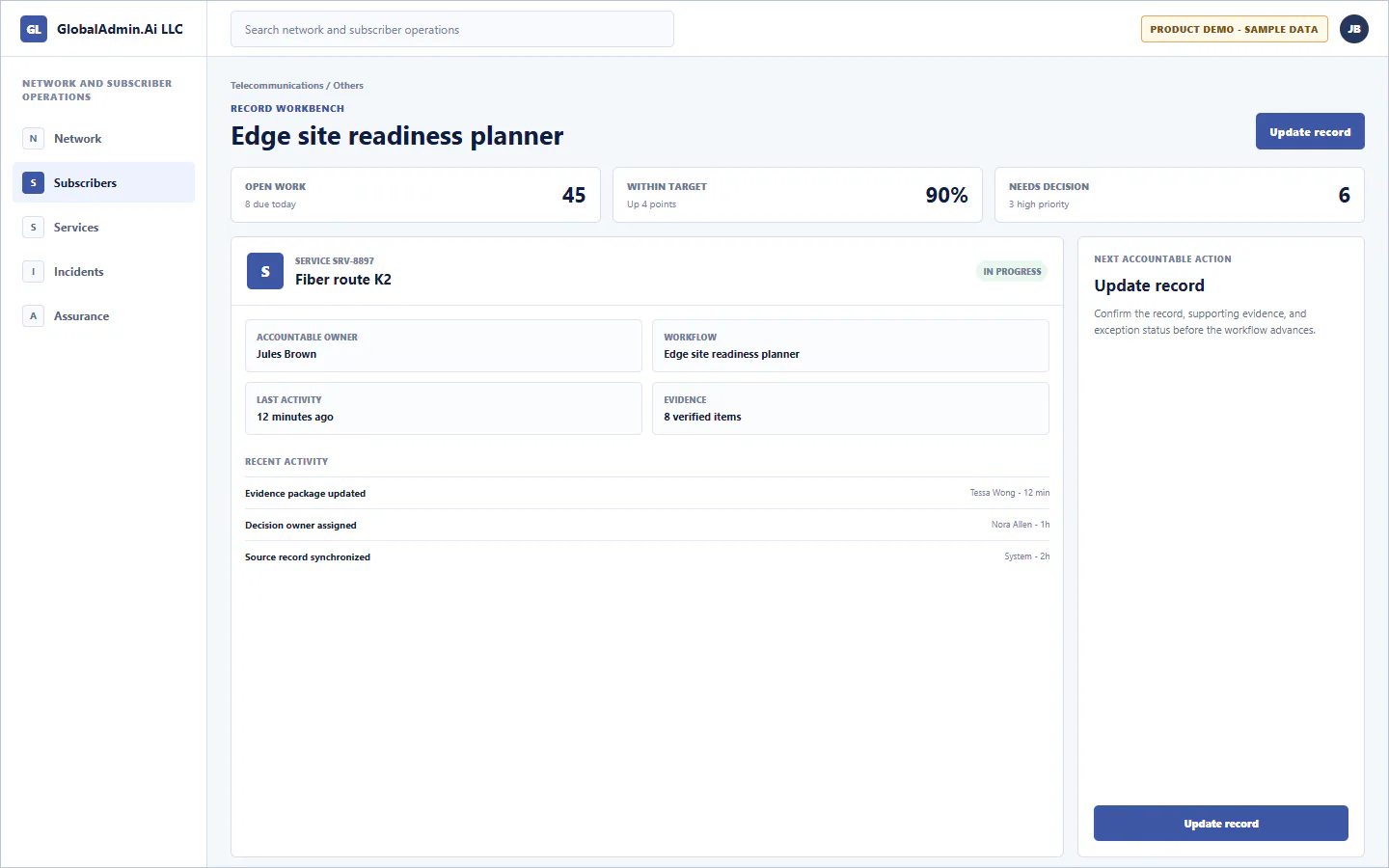 Representative Edge site readiness planner application for Telecommunications, showing record workbench, sample operational data, accountable ownership, and a visible next action.