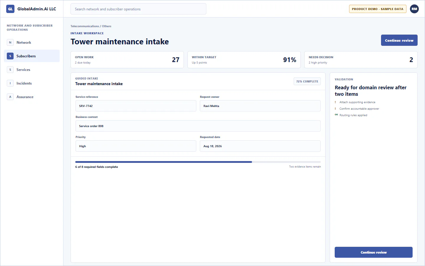 Representative Tower maintenance intake application for Telecommunications, showing intake workspace, sample operational data, accountable ownership, and a visible next action.