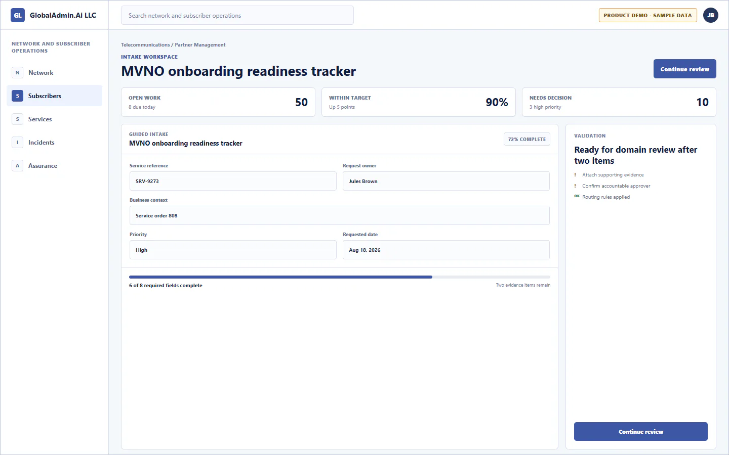 Representative MVNO onboarding readiness tracker application for Telecommunications, showing intake workspace, sample operational data, accountable ownership, and a visible next action.